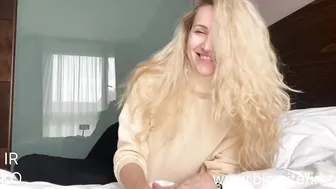 Blonde girl plays on the bed with her hair and laughs | natural curly hair♥️♥️ |♥️♥️ | Irina Kovych #4