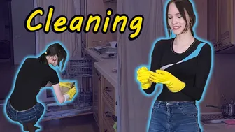 Washing dishes in yellow rubber gloves #1