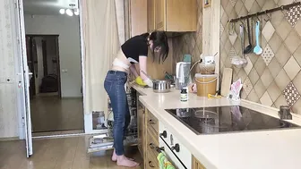 Washing dishes in yellow rubber gloves #5