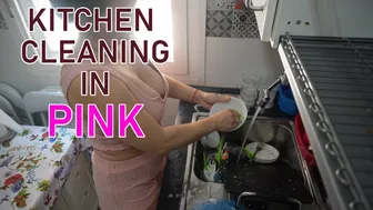 Kitchen cleaning in Pink - thong slip again ????????‍♀️