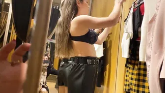 Try on leather skirt and bodysuit in the dressing room! #2