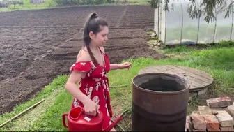 Weed eater and gardening in sundress + black high heels