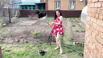 Weed eater and gardening in sundress + black high heels #2