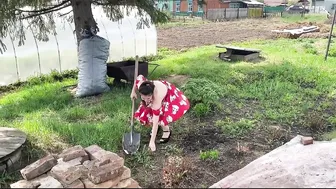 Weed eater and gardening in sundress + black high heels #3