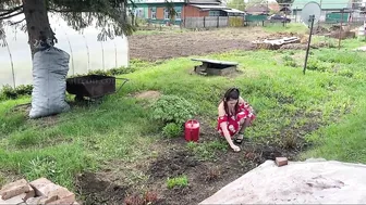 Weed eater and gardening in sundress + black high heels #4