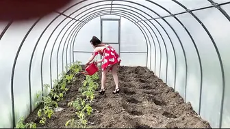 Weed eater and gardening in sundress + black high heels #5