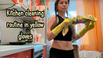 Kitchen cleaning routine in pantyhose and yellow gloves