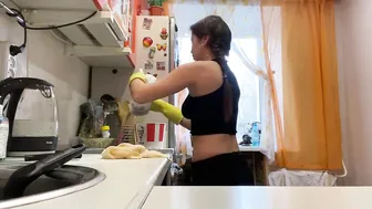 Kitchen cleaning routine in pantyhose and yellow gloves #3