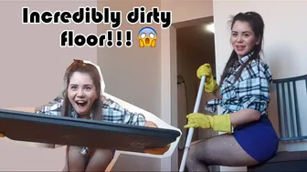 Cleaning floor in fishnet pantyhose