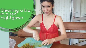 beautiful girl cleaning kiwi in red nightgown || nightgown try on haul