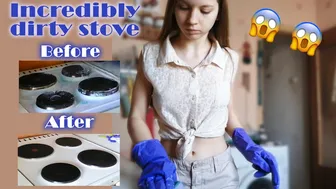 Stove cleaning with rubber gloves