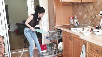 Beautiful girl Washing dishes in green rubber gloves | cleaning motivation #3