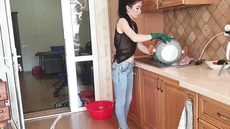 Beautiful girl Washing dishes in green rubber gloves | cleaning motivation #5