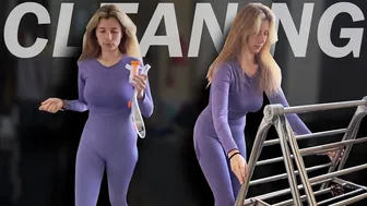 Cleaning the bathroom in a purple bodysuit #1