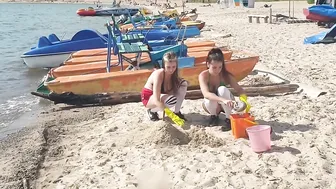 Making a sandcastle with my friend in bikini #2