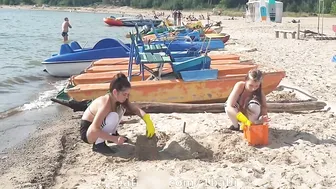 Making a sandcastle with my friend in bikini #3