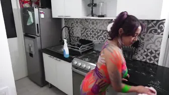 [4K Housewife] Body Art Suit How To Clean Kitchen? See-Through Clothes And Body Art Suit Try On #4