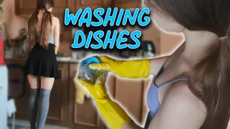 Washing dishes in stockings and rubber gloves!