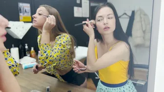 Polina apply makeup on face