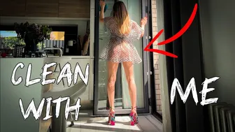 Transparent window cleaning with Mia in dress, haul, see through