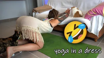 SHORT CLIPS: yoga in a dress with couch and curious cat XD #1