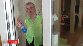 cute girl cleaning Window in transparent shirt || maggie fox no bra cleaning video for fans