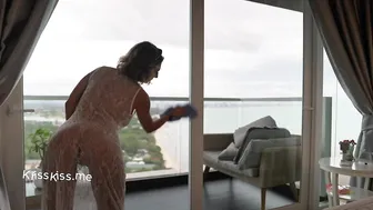 [4K] Cleaning windows in Transparent Dress without Bra Try on Lingerie #2