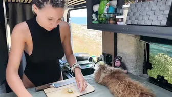 young beauty lives in a camper♥️♥️ prepares a yummy meat with her small dog♥️♥️ vanlife #4