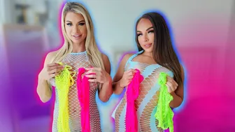 4K TRANSPARENT Neon Dresses TRY ON with Mirror View! Ana Daisy Scott & Denise Anders TryOn