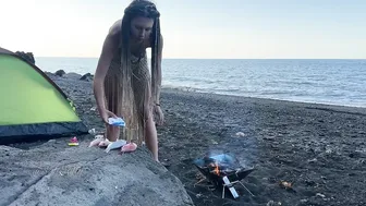 Solo camping with girl spearfishing♥️♥️young wild beauty survives on volcanic beach #4