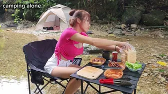 camping at the stream, grilling sausages, meat, eggs, bread, and taking a cool bath